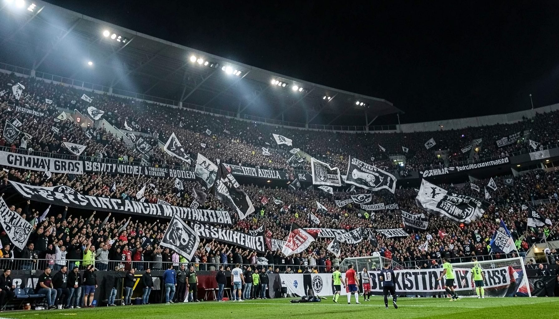 A dramatic wide shot of a packed football stadium at night under floodlights, with black-and-white banners and flags waving in the stands, capturing the electric atmosphere of a Beşiktaş home match.