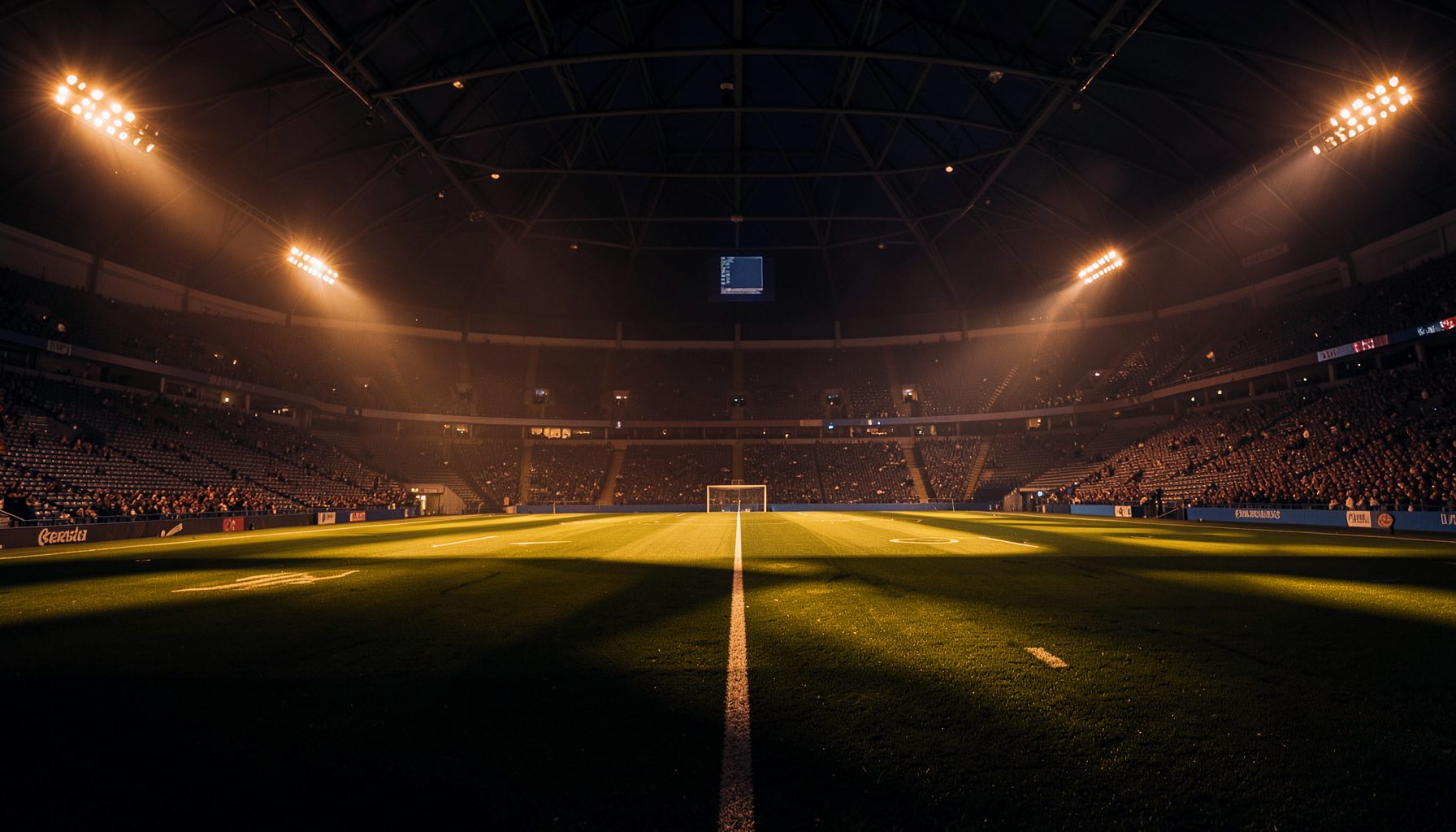 Warm amber and deep navy tones, a wide stadium interior with floodlights casting dramatic shadows across the field