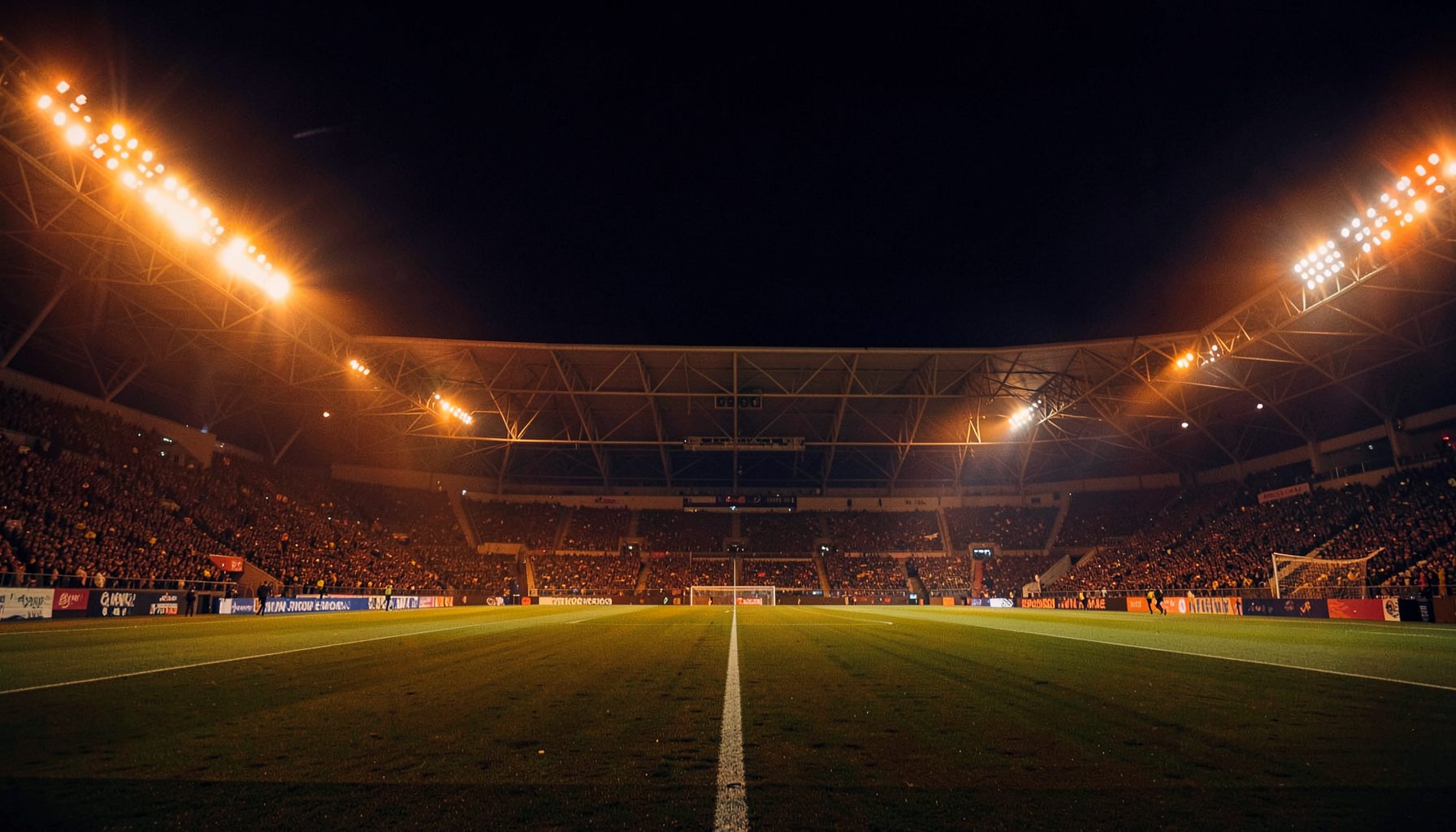 A dramatic football stadium at night under floodlights, deep orange and amber tones blending with dark navy shadows across the pitch